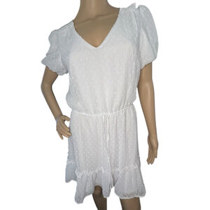 Crystal Doll White V-Neck Swiss Dot Short Puff Sleeve Mini Dress